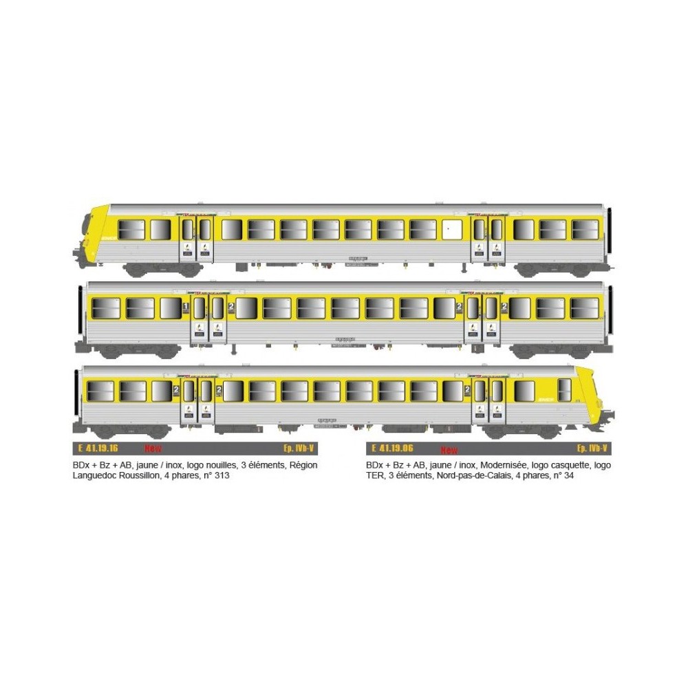 EPM 41.19.16 Rame Réversible Régional SNCF, RRR Languedoc Roussillon, jaune / inox, logo nouilles, n°313 EPM, Euro Passion Model