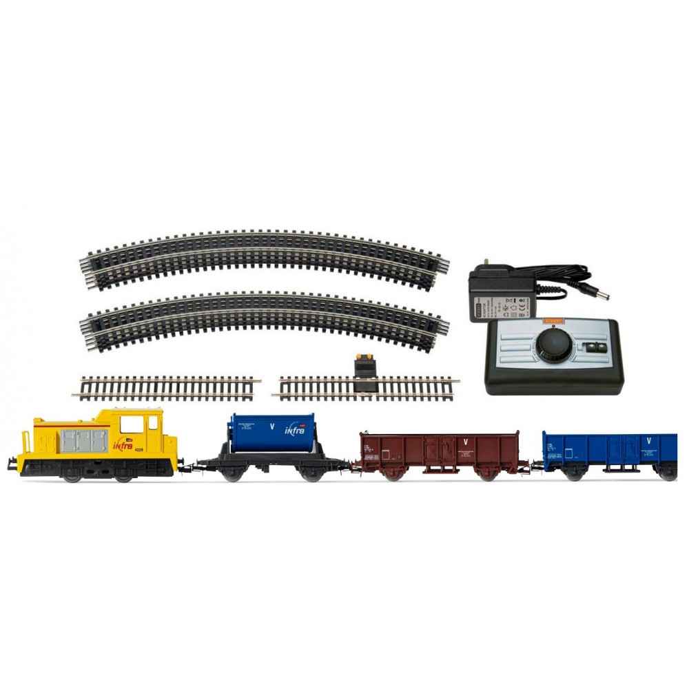 HJ1062 Jouef Junior (H0 1:87), SNCF Infra, starter set with 2-axle diesel  locomotive and 3 wagons, controller, transformer, starter track, track mat