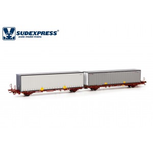 SudExpress SUTF61717 Double wagon porte conteneur Laagrss, Transfesa, bruns chargé 2 conteneurs Sudexpress SUD_SUTF61717 - 3