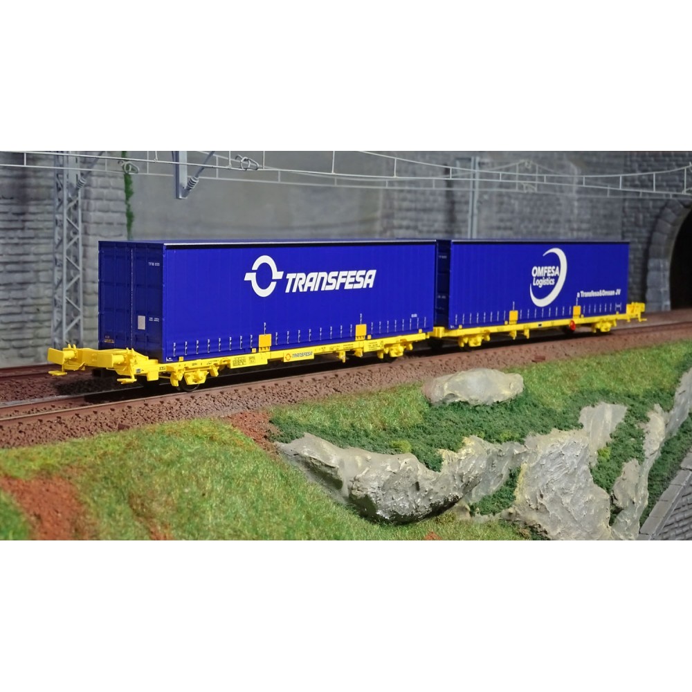 SudExpress Sud SUTF27017 Double wagon porte conteneur Laagrss, Transfesa et OMFESA, jaune chargé 2 conteneurs bleus Sudexpress S