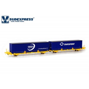 SudExpress Sud SUTF27017 Double wagon porte conteneur Laagrss, Transfesa et OMFESA, jaune chargé 2 conteneurs bleus Sudexpress S