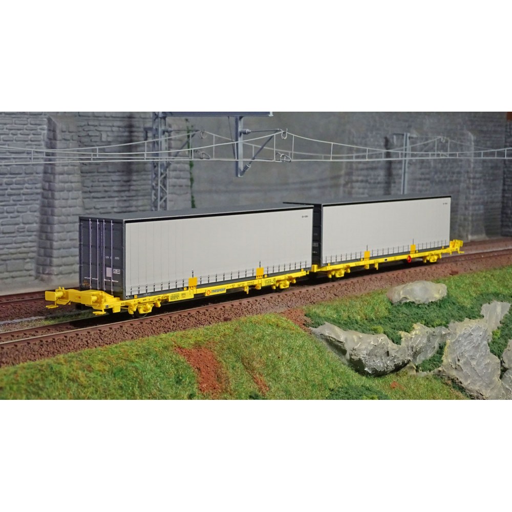 SudExpress Sud SUTF26317 Double wagon porte conteneur Laagrss, Transfesa, jaune chargé 2 conteneurs gris sans marquages Sudexpre