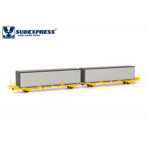 SudExpress Sud SUTF26317 Double wagon porte conteneur Laagrss, Transfesa, jaune chargé 2 conteneurs gris sans marquages Sudexpre