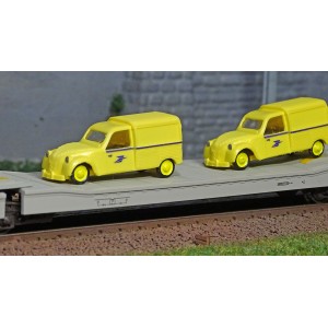 Jouef HJ6205 Wagon plat 3 essieux Ladks, livrés gris STVA, chargé 4 Citroën 2CV "La Poste" jaune Jouef HJ6205 - 3