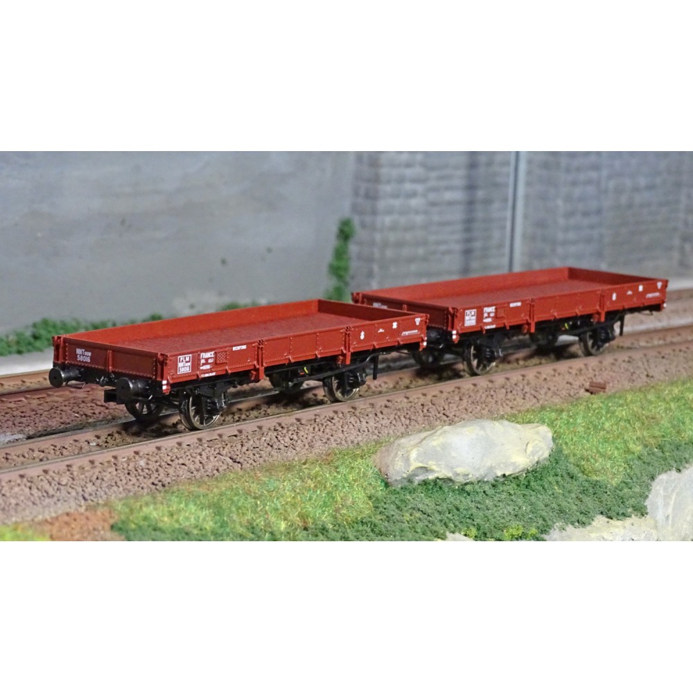 Ree modeles WB602 Set de 2 wagons Plats OCEM 29, Rouge Sideros PLM, NNTouw Frein à levier, Roues rayons Ree Modeles WB-602 - 1