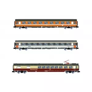 Arnold HN4390 Set de 3 voitures voyageurs, EuroCity "Mozart", restaurant DB / 1ère classe ÖBB / 1ère classe SNCF, échelle N Arno