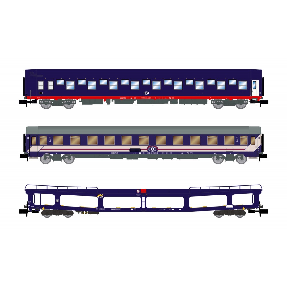 Arnold HN4406 Set de 3 éléments,1 voiture-lit T2, 1 fourgon portes-auto DD DEV bleu, 1 voiture Bc I6 bleu/rouge, SNCB, échelle N Arnold HN4406 Set de 3 éléments,1 voiture-lit T2, 1 fourgon portes-auto DD DEV bleu, 1 voiture Bc I6 bleu/rouge, SNCB, échelle N
