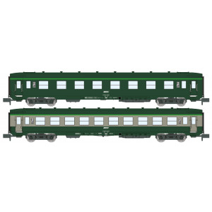 REE Modeles NW277 Set de 2 voitures voyageurs DEV AO, SNCF, B8 et B10, gris/vert, logo encadré blanc, cartouche corail, ep.IV-V 