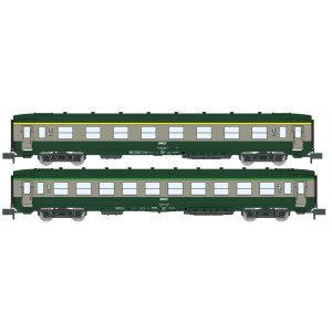 REE Modeles NW279 Set de 2 voitures voyageurs DEV AO, SNCF, B8 et B10, gris/vert, logo encadré blanc, cartouche corail, ep.IV-V 