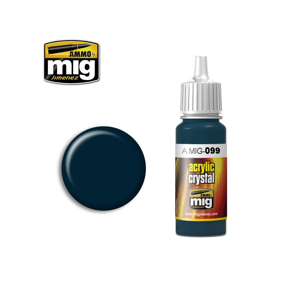 Peinture acrylique NOIR BLEU CRISTAL (ET FEU ARRIERE ETEINT) 17ml Mig AMMO - MIG Jimenez A.MIG-0099 - 1 Peinture acrylique NOIR BLEU CRISTAL (ET FEU ARRIERE ETEINT) 17ml Mig AMMO - MIG Jimenez A.MIG-0099 - 1