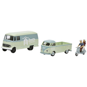 Schuco 452671700 Set de 3 véhicules Vespa avec 2 personnages, Mercedes Benz L19, Volkswagen T1 Schuco Schuco_452671700 - 1