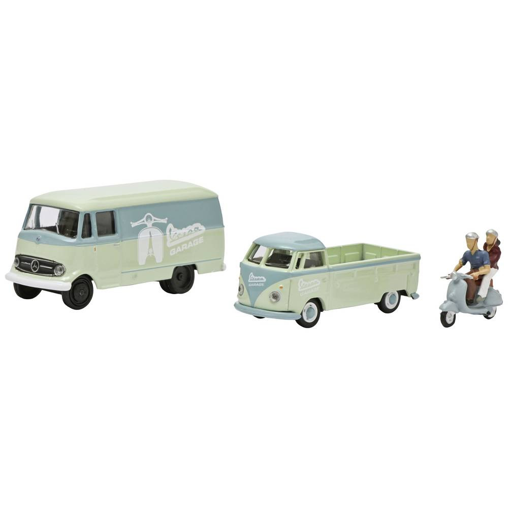 Schuco 452671700 Set de 3 véhicules Vespa avec 2 personnages, Mercedes Benz L19, Volkswagen T1 Schuco Schuco_452671700 - 1