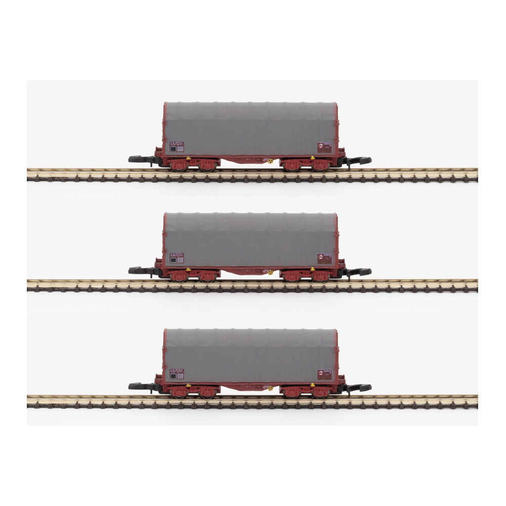 Azar W03-SL Set de 3 wagons courts bâchés à bogies type SHIMMS, SNCF, sans logo, échelle Z AZAR Models AZAR_W03-SL - 1 Azar W03-SL Set de 3 wagons courts bâchés à bogies type SHIMMS, SNCF, sans logo, échelle Z AZAR Models AZAR_W03-SL - 1