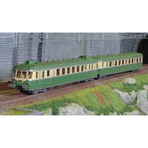 Jouef HJ2429S Autorail diesel RGP 2 X 2719 + remorque XRAB 7708, SNCF, vert/beige avec déflecteurs de fumée, digital sonore Joue