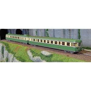 Jouef HJ2429S Autorail diesel RGP 2 X 2719 + remorque XRAB 7708, SNCF, vert/beige avec déflecteurs de fumée, digital sonore Joue