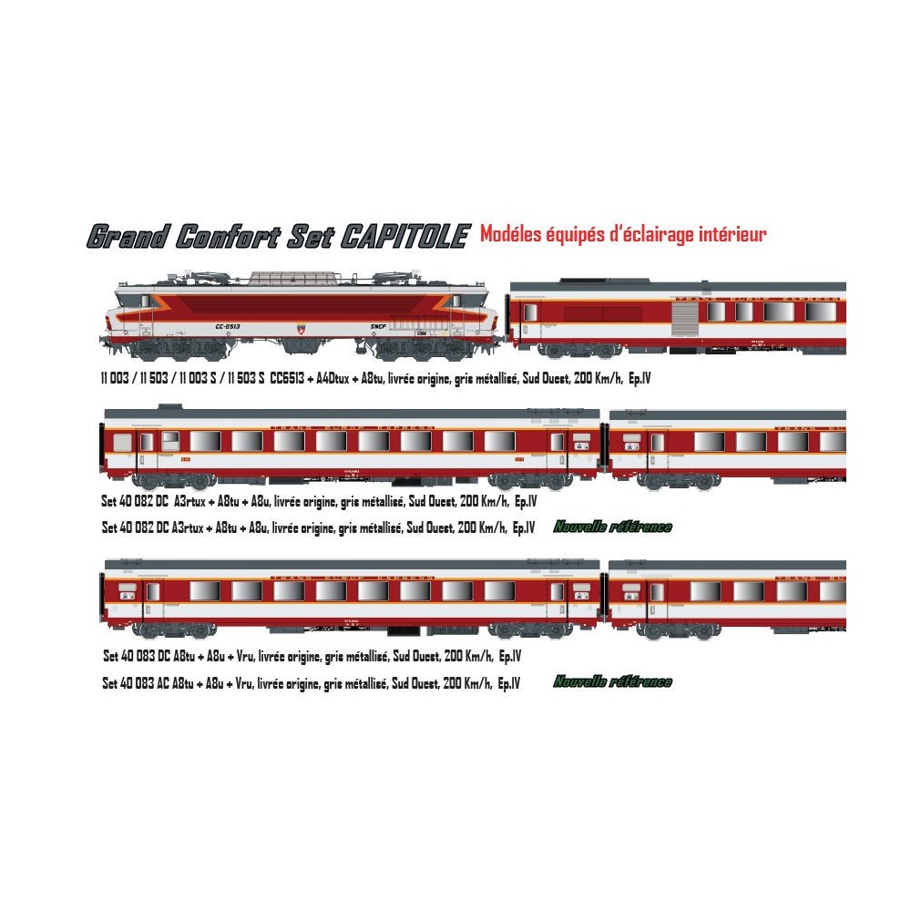Ls Models 11003 Set Grand Confort Capitole Locomotive électrique CC 6513 SNCF + A4Dtux + A8tu, livrée origine, sud-ouest Ls mode