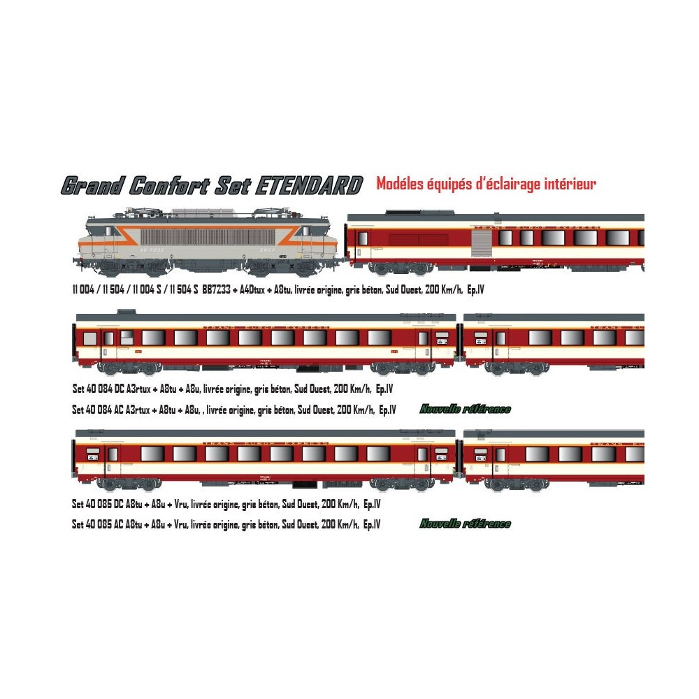 Ls Models 11004S Set Grand Confort Etendard Locomotive BB 7233 SNCF + A4Dtux + A8tu, livrée origine, sud-ouest, Sonore Ls models