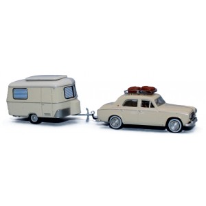 SAI 1826 Peugeot 403 ivoire avec caravane Eriba, galerie de toit, 2 valises, un conducteur et une passagère Sai Sai_1826 - 1