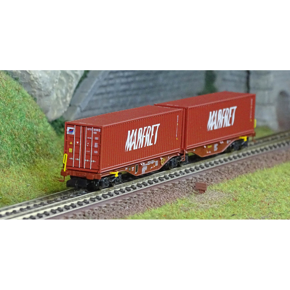 REE Modeles NW292 Wagon porte conteneurs Sggmrss 80 TOUAX, SNCF, 2 conteneurs MARFRET bruns, N - 1/160 Ree Modeles NW-292 - 1