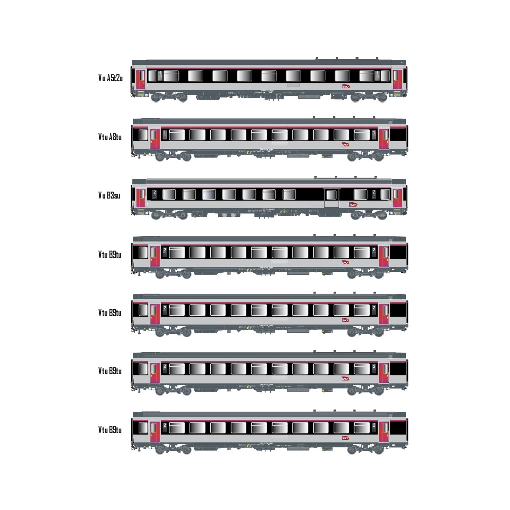 Models Word 2402 Set de 7 voitures VTU, Teoz carmillon, logo Carmillon, SNCF, éclairées Models World MW_2402 - 1 Models Word 2402 Set de 7 voitures VTU, Teoz carmillon, logo Carmillon, SNCF, éclairées Models World MW_2402 - 1