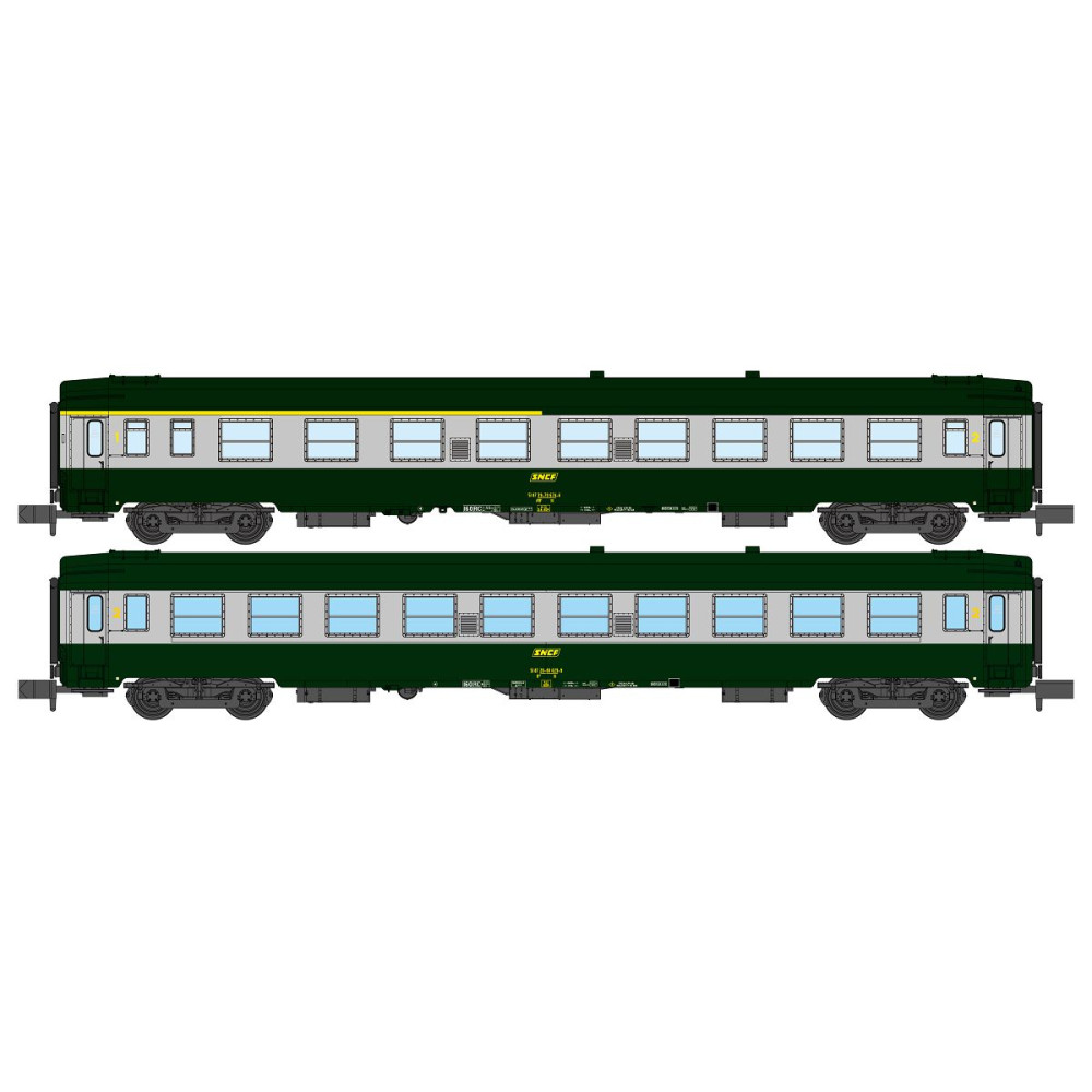 REE Modeles NW260 Set de 2 voitures voyageurs UIC, SNCF, A4B5 et B10 Verte/Alu, logo jaune encadré, ep.IV Ree Modeles NW-260 - 1 REE Modeles NW260 Set de 2 voitures voyageurs UIC, SNCF, A4B5 et B10 Verte/Alu, logo jaune encadré, ep.IV Ree Modeles NW-260 - 1