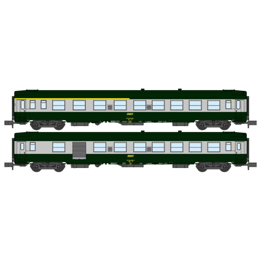 REE Modeles NW261 Set de 2 voitures voyageurs UIC, SNCF, A4B5 et B5D Verte/Alu, logo jaune encadré, ep.IV Ree Modeles NW-261 - 1 REE Modeles NW261 Set de 2 voitures voyageurs UIC, SNCF, A4B5 et B5D Verte/Alu, logo jaune encadré, ep.IV Ree Modeles NW-261 - 1