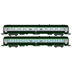 REE Modeles NW263 Set de 2 voitures voyageurs UIC, SNCF, A4B5 et B10 Verte/Gris béton, logo blanc encadré, ep.V Ree Modeles NW-2