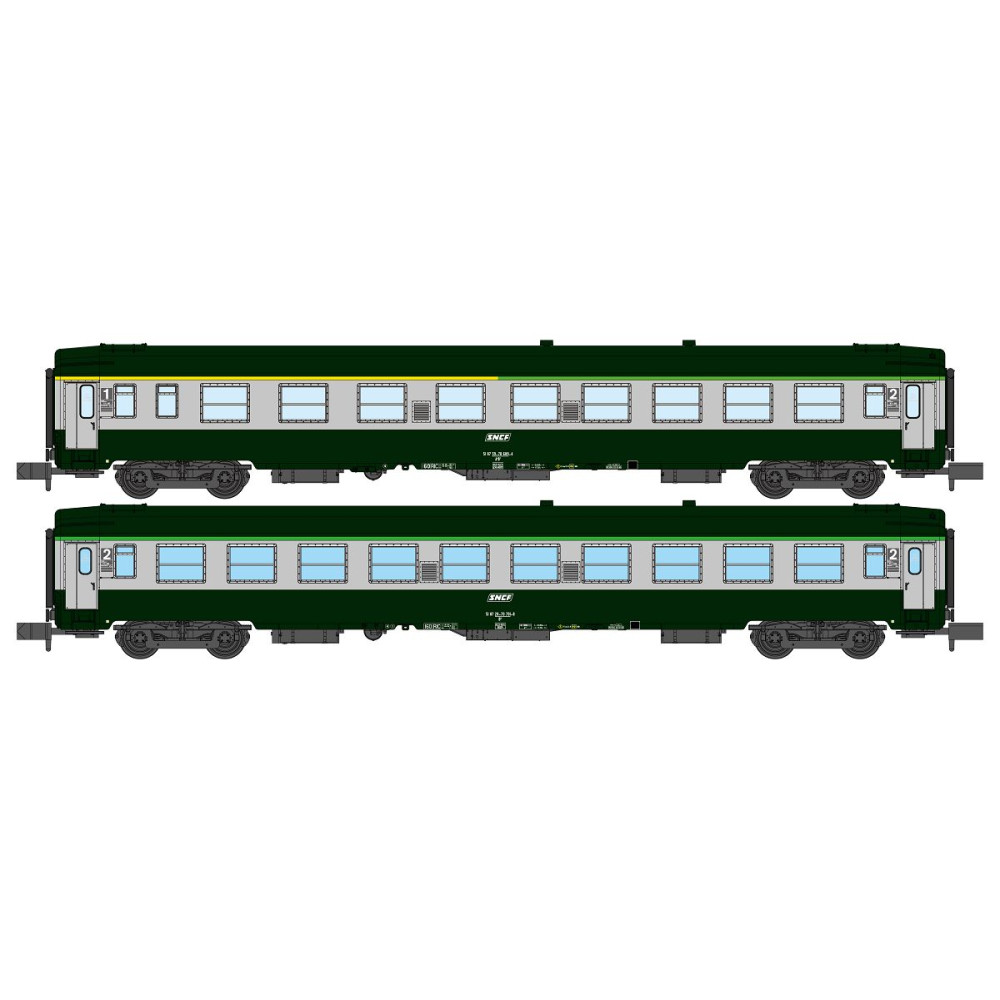 REE Modeles NW263 Set de 2 voitures voyageurs UIC, SNCF, A4B5 et B10 Verte/Gris béton, logo blanc encadré, ep.V Ree Modeles NW-2 REE Modeles NW263 Set de 2 voitures voyageurs UIC, SNCF, A4B5 et B10 Verte/Gris béton, logo blanc encadré, ep.V Ree Modeles NW-2