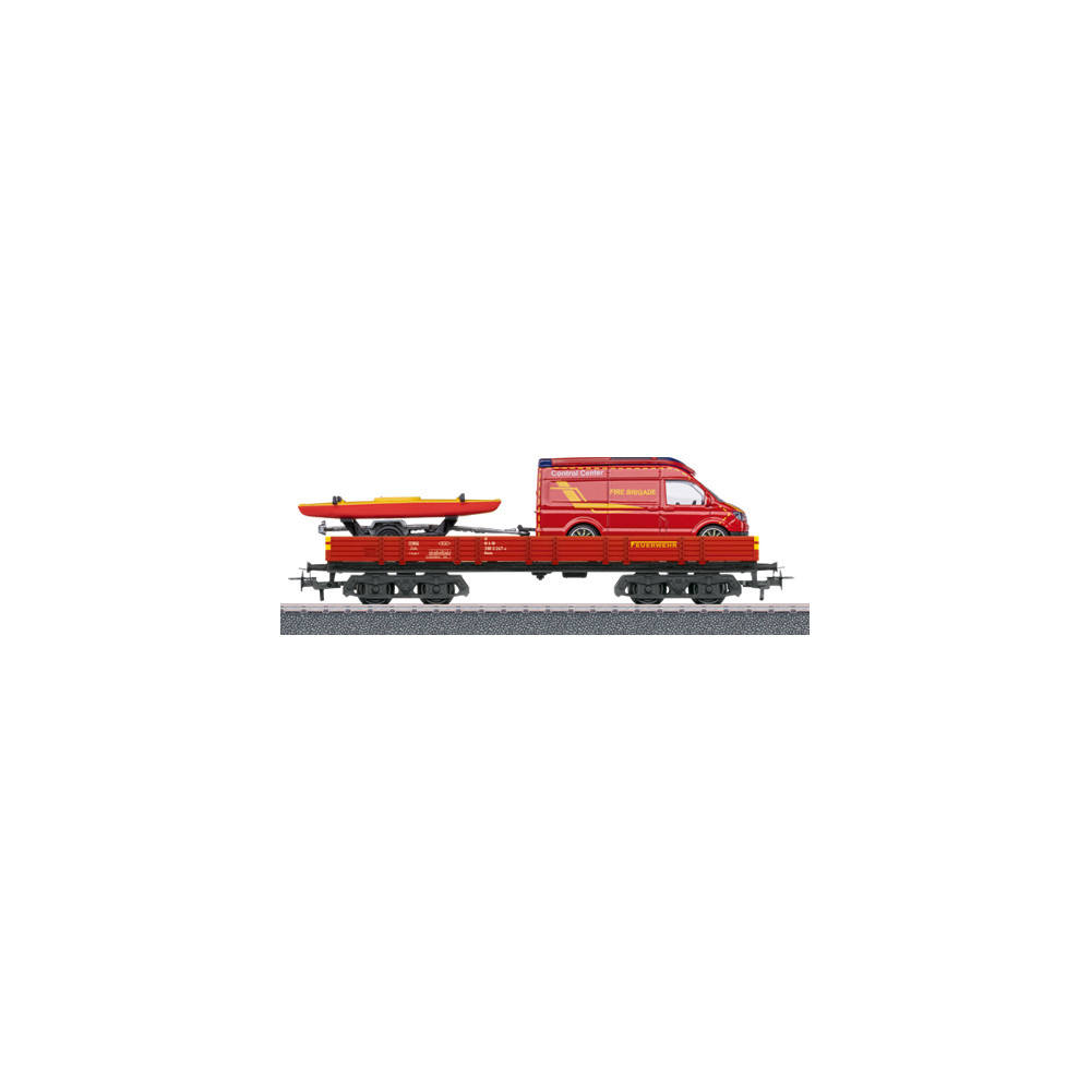 Marklin 00740-02 Wagon à bords bas à bogies Type Rlmms, avec chargement pompier Marklin Marklin_00740-02 - 1 Marklin 00740-02 Wagon à bords bas à bogies Type Rlmms, avec chargement pompier Marklin Marklin_00740-02 - 1