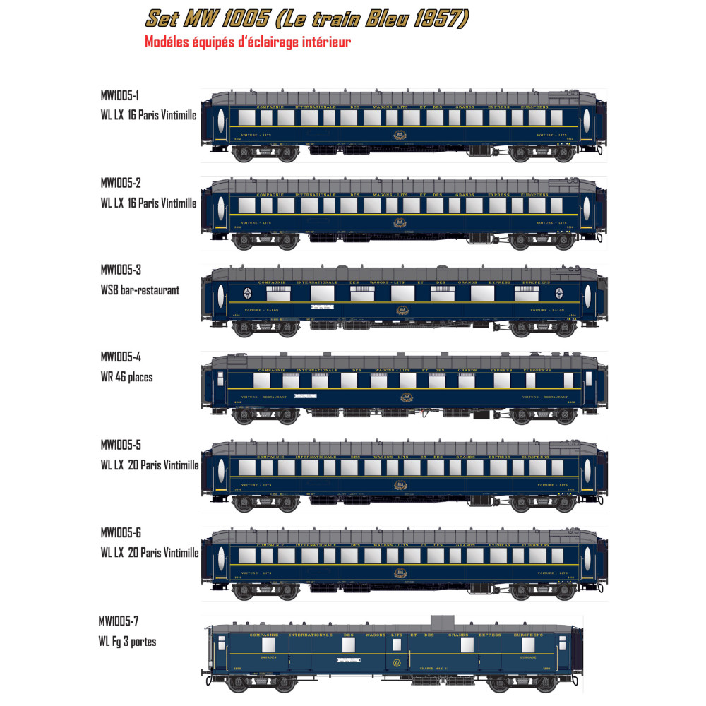 Models Word 1005 Set de 7 voitures Le Train Bleu 1957, CIWL, éclairées Models World MW_1005 - 1 Models Word 1005 Set de 7 voitures Le Train Bleu 1957, CIWL, éclairées Models World MW_1005 - 1