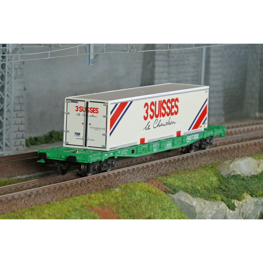 Jouef HJ6277 Wagon porte-conteneurs à bogies S70, SNCF, chargé caisse mobile "3 SUISSES" Jouef HJ6277 - 1 Jouef HJ6277 Wagon porte-conteneurs à bogies S70, SNCF, chargé caisse mobile "3 SUISSES" Jouef HJ6277 - 1